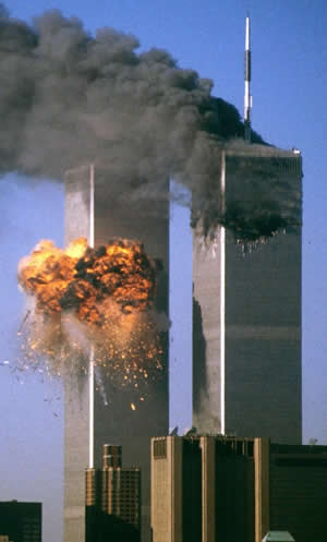 World_Trade_Center_on_September_11_2001 Planes crashing nto the World trade Center on September 11, 2001.