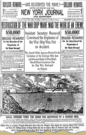 Headline reporting the sinking of the USS Maine.