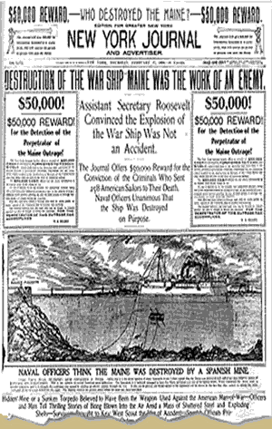 New_York_Journal Headline reporting the sinking of the USS Maine.