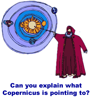 Cartoon of Copernicus describing the heliocentric universe.