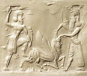 Engraving depicting Gilgamesh and Enkidu