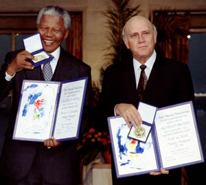 Nelson Mandela accepting the Nobel Peace Price with F.W. deKlerk