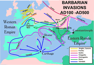 Map of Barbarian invasions during the Middle Ages