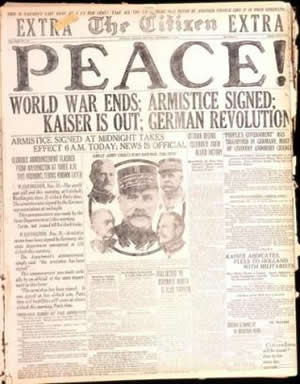 Newspaper reporting the end of the Great War